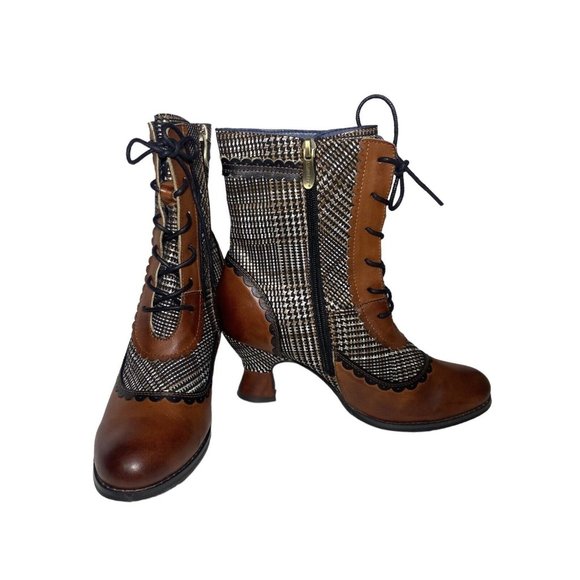 L'Artiste Bewitch Plaid Steampunk Spring Step Victorian Boots Size 38 heels - Picture 2 of 11